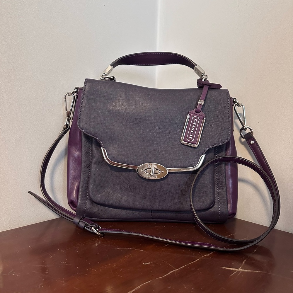 Coach Madison Sadie Saffiano Leather Flap Satchel Crossbody Bag Purple 26274